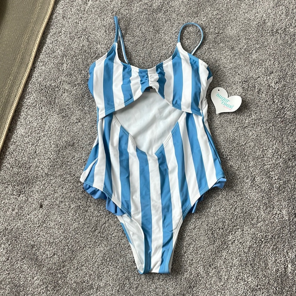 Blue and white striped one piece swimsuit, size M, Lollie Swim, South Moon Under